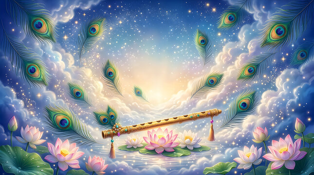 Colorful spiritual background with lotus flowers and peacock feathers