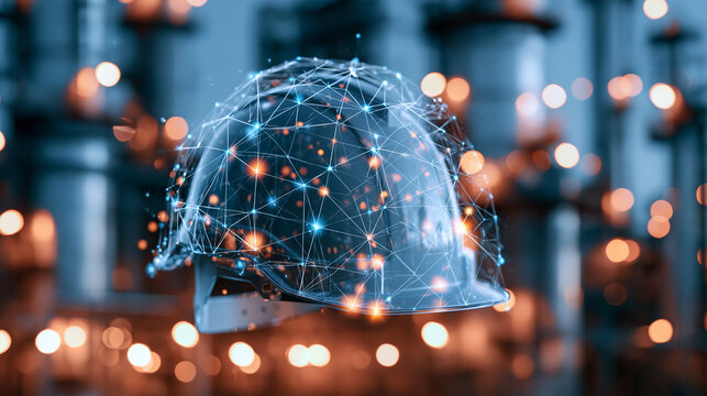 A glowing safety hard hat intertwined with digital network lines floats in an industrial plant with bokeh lighting. Smart manufacturing concept for future technology ads.
