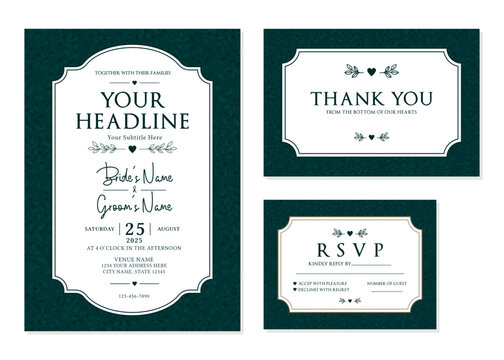 Dark Green Botanical Leaf Wedding Invitation Suite Vector Template
