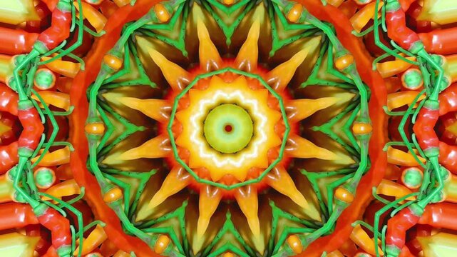 Energetic kaleidoscope motion video of colorful hot chili pepper fruit creating star shaped symmetrical pattern background for creative projects