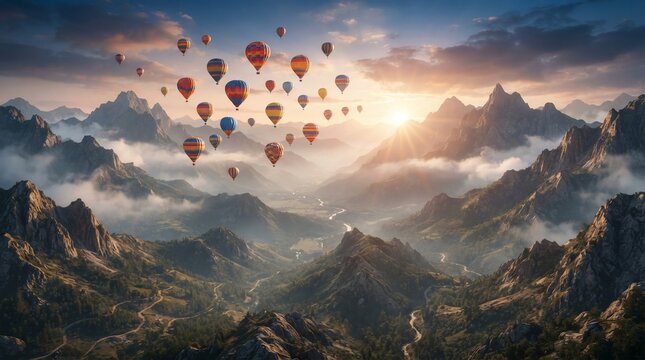 Many hot air balloons fly over misty mountain peaks at sunrise adventure travel