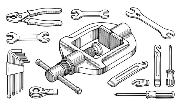 Collection of various hand tools including a metal vise wrenches screwdrivers and hex keys in sketch style