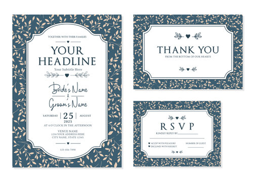 Dusty Blue and Beige Botanical Wedding Invitation Suite Vector Template
