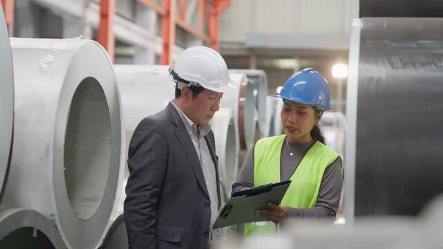 Asian senior business man owner with woman warehouse worker looking data inventory report metal sheet material in storage at manufacturing factory