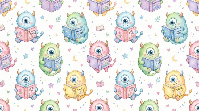 Cute Watercolor Baby Cyclops Reading Books Seamless Pattern
