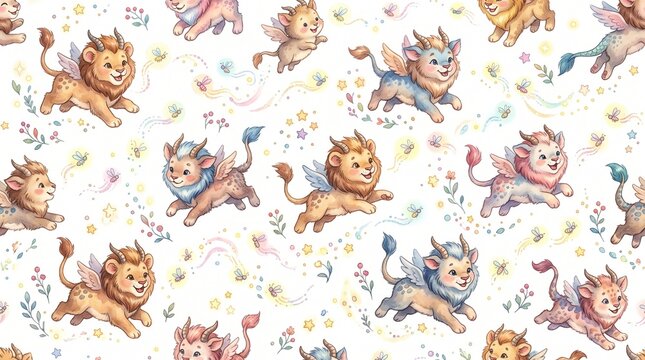 Cute baby chimeras flying in a whimsical watercolor seamless pattern.