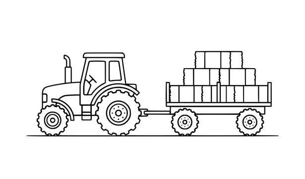 Black and white line art illustration of a tractor pulling a trailer of hay bales