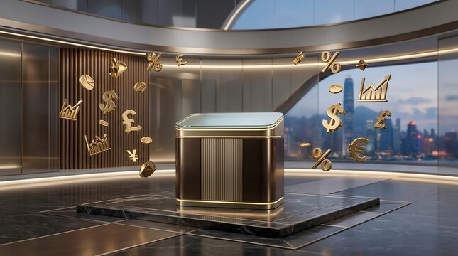 Modern interior studio with floating financial symbols and city skyline view