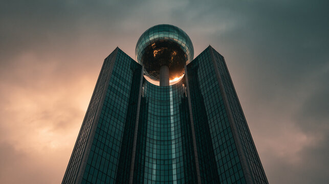 A dramatic low-angle view of a modern skyscraper topped with a reflective sphere against a vibrant cloudy sunset sky. Represents future technology and global business architecture.