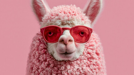Naklejka premium Funny pink alpaca wearing red sunglasses against pink background with portrait