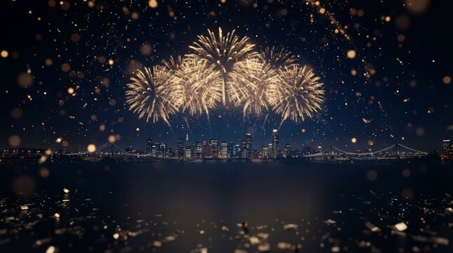 Sparkling fireworks display illuminates city skyline over water at night