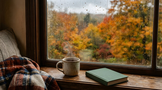 雨の日の窓辺、温かいコーヒーと本、秋の紅葉を楽しむリラックスタイム