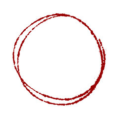 Fototapeta premium Dark red brown spray paint round circle mark clip art. Aerosol doodle ring shape and freehand oval highlight border isolated on white background for text annotation design.