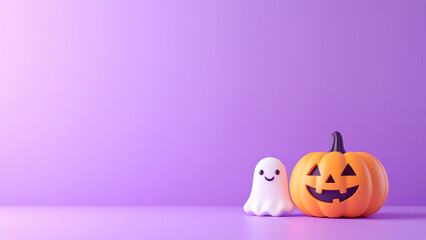 紫の背景におばけとジャックオランタンを配置したコピースペース付きハロウィン背景 © Greenwoman