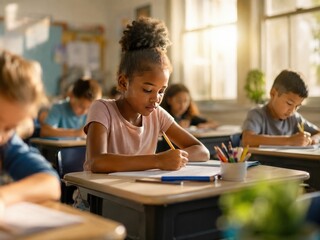 Obraz premium Young African American Schoolgirl Writing in Notebook at Classroom Desk with Diverse Students for Elementary Education and Learning Concepts