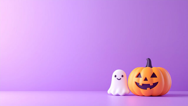 紫の背景におばけとジャックオランタンを配置したコピースペース付きハロウィン背景