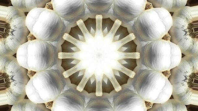 Abstract white garlic kaleidoscope pattern motion graphics animation video transition background for culinary food content and creative artistic projects