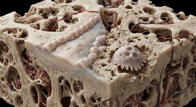 3D rendering of bone matrix microstructure, osteoclast cells, cancellous bone, and blood vessels on black background