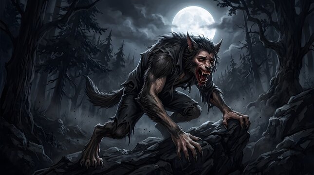Dramatic illustration of a werewolf transforming under the light of a full moon