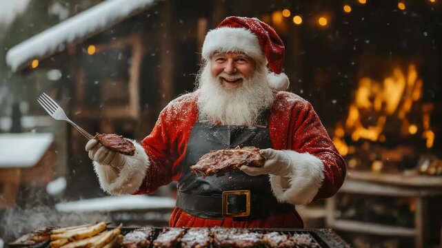A smiling man in a red suit and hat, grilling food in a snowy setting