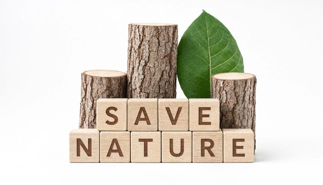 Wooden blocks with the words save nature placed against tree trunks and a green leaf