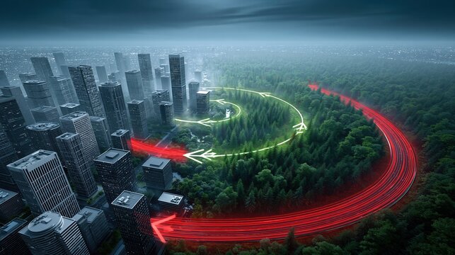 Urban sprawl encroaching on lush forest with glowing arrows indicating environmental transition and growth