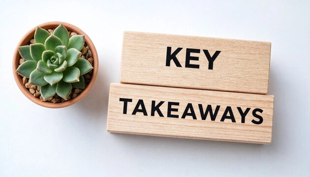 Wooden blocks with the words key takeaways placed next to a small succulent plant in a terracotta pot