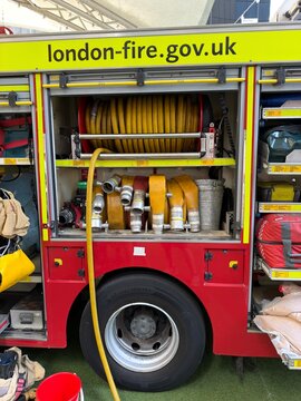 London Fire Brigade Mercedes Fire Engine DPL 263 at Westfield Stratford City. View of Hose compartment. 