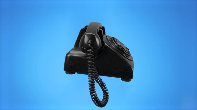 Classic 3D model of a vintage black rotary dial telephone with a hanging coiled handset cord over a chroma key blue background. Excellent for retro communication promos, nostalgic telephone calls, vin