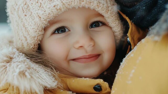 A cheerful baby with blue eyes and rosy cheeks, wearing a fur-lined winter coat, hat, and gloves, smiling at the camera in a snowy setting.