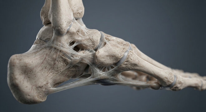 3D rendering of human foot skeletal anatomy, ankle bones, ligaments, and connective tissue on neutral background