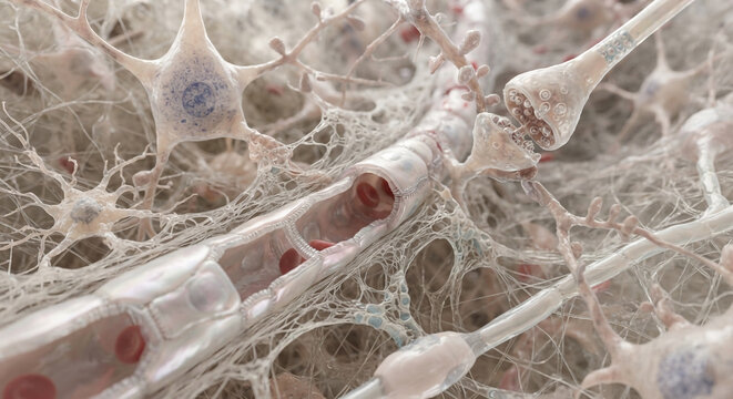 3D rendering of microscopic neuron cells, synaptic transmission, and blood vessels in human brain tissue