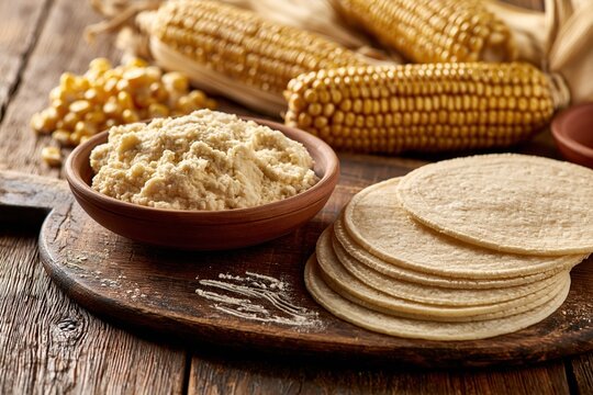 Rustic Wooden Table Displaying Corn Flour, Tortillas, and Fresh Corn Cobs