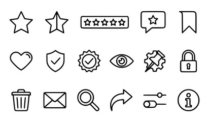 Fototapeta premium User Interface and Website Navigation Line Icon Set Featuring Five Star Rating, Ribbon Bookmark, Heart Favorite, Secure Lock, and Search Magnifier