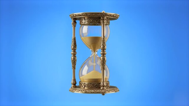 A high-quality 3D render of a vintage brass hourglass with flowing sand, isolated against a clean solid blue backdrop. Ideal for business presentations on deadline management, historical documentaries