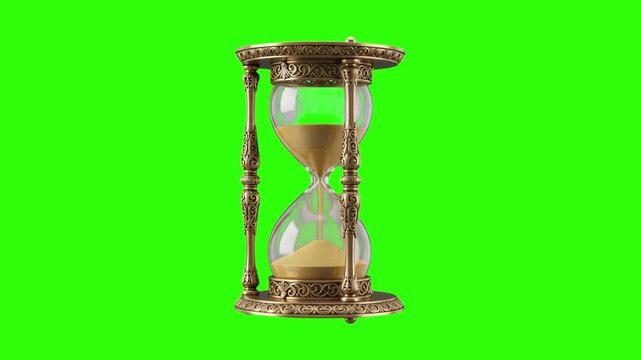 A detailed 3D rendering of an ornate vintage brass hourglass with golden sand trickling through glass, isolated on a bright chroma key green background. Perfect for concepts of deadline, passage of ti
