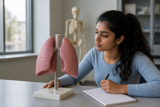 Student Studying Lung Anatomy Model