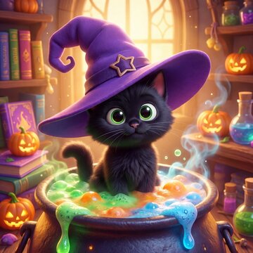 Adorable black kitten wearing a purple witch hat sitting inside a bubbling magic cauldron