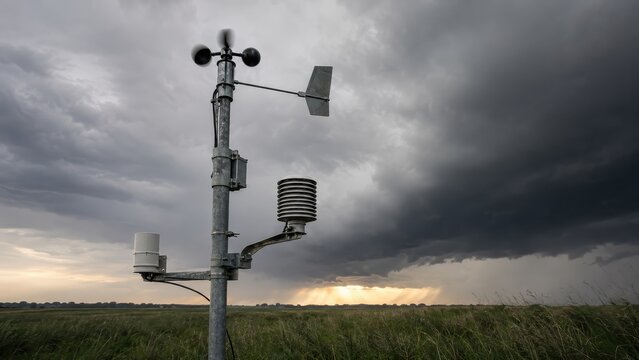 Weather station instruments spinning under a stormy sky