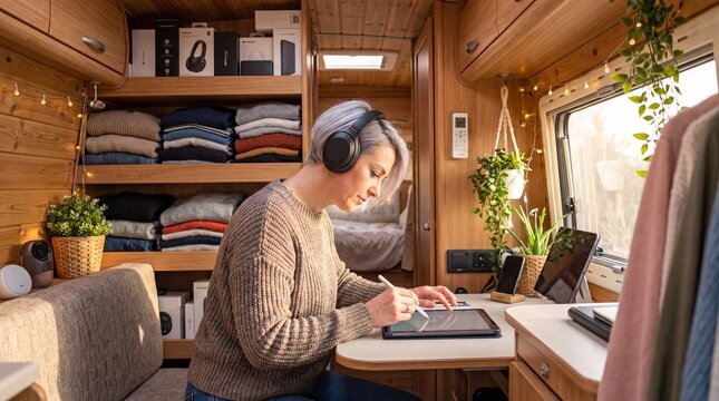 A creative female digital nomad wearing headphones and drawing on a digital tablet inside her cozy, sunlit camper van.