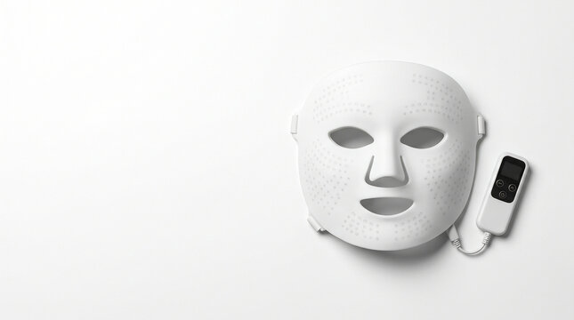 LED light therapy face mask device flat lay home beauty tech isolated on white copy space