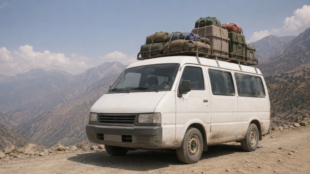 Luggage stacked on the roof rack of a rural minibus at a mountain stop