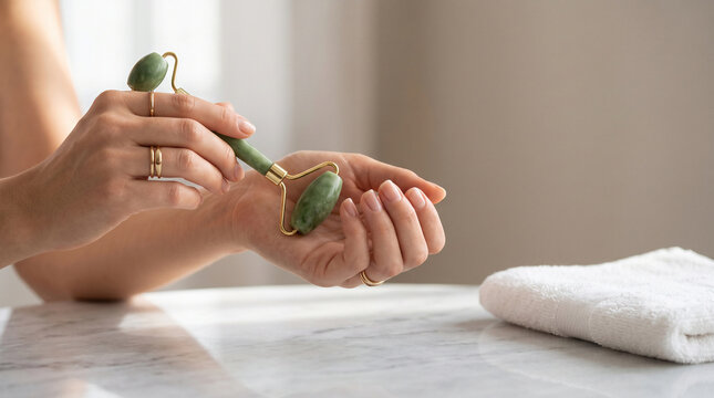 Hands using jade roller facial massage skincare ritual close up beauty self care copy space