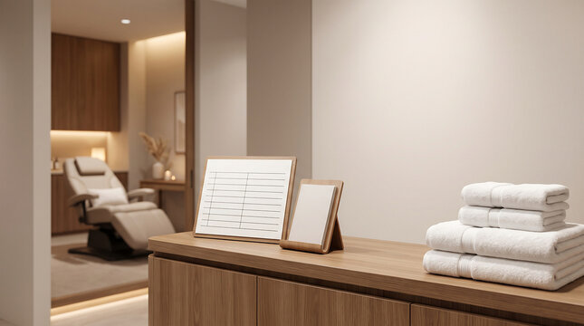 Head spa treatment room booking counter with folded towels blank schedule serene salon interior copy space