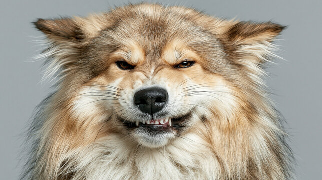 Close up portrait of a fluffy dog showing teeth and grimacing expression