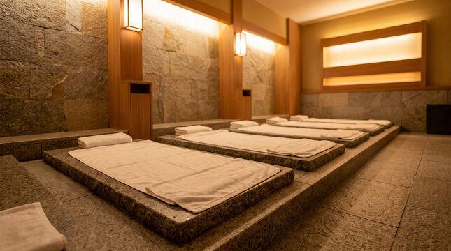 Ganban yoku hot stone bed bath room empty warm stones japanese wellness interior copy space