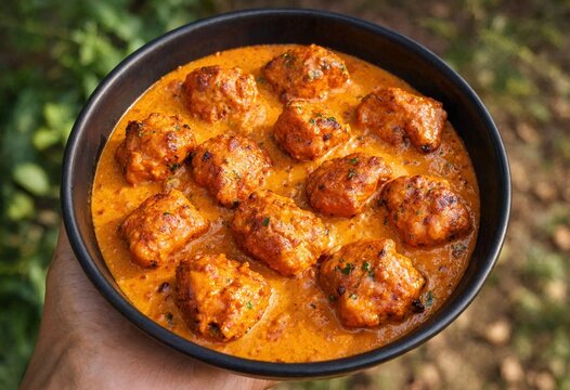 A hand holding a bowl of delicious spicy Indian malai kofta curry