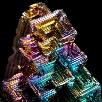 Bismuth crystal with iridescent geometric steps macro