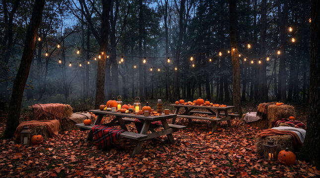 Autumn picnic setup in dark foggy forest with pumpkins and string