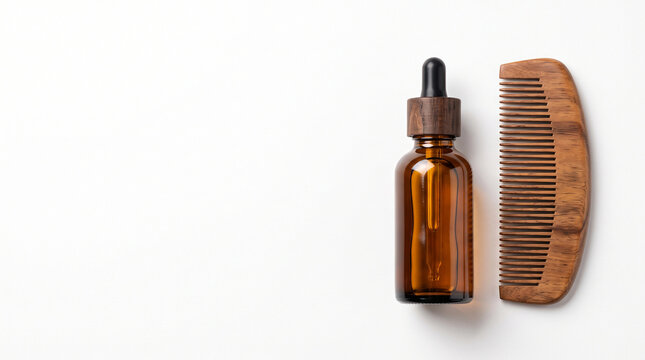 Beard oil dropper bottle flat lay mens grooming beard care isolated on white copy space
